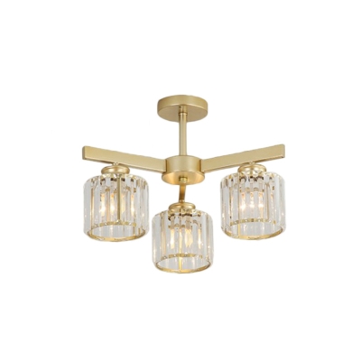 Cylindrical Semi Flush Light Postmodern Crystal Gold Finish Ceiling Mount Lamp for Living Room