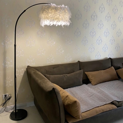 Drum Shade Floor Lamp Minimalist Feather 1-Light Living Room Standing Light with Arched Arm