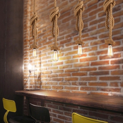 Flaxen Bare Bulb Pendant Light Fixture Rustic Hemp Rope 1-Light Restaurant Ceiling Light