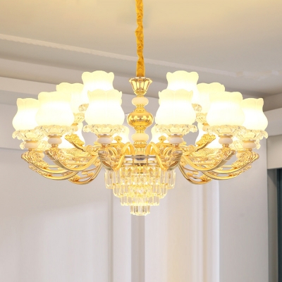 Flower Living Room Chandelier Antique Style Opal Glass Gold Suspension Light with Crystal Decoration