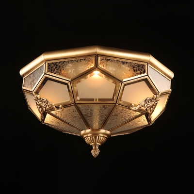 Frosted Glass Panes Brass Ceiling Fixture Bowl Shaped Traditional Flush Mounted Light