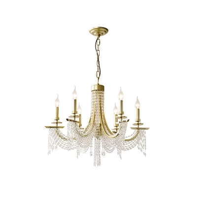 Gold Arched Hanging Lamp Traditional Metal 6 Lights Dining Room Chandelier with K9 Crystal Strand