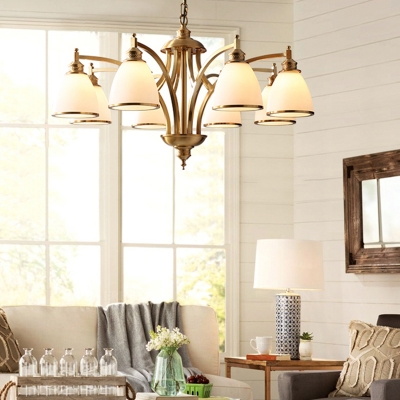 Gold Bell Shade Chandelier Lighting Retro Style Frosted Glass Living Room Pendant Light Fixture