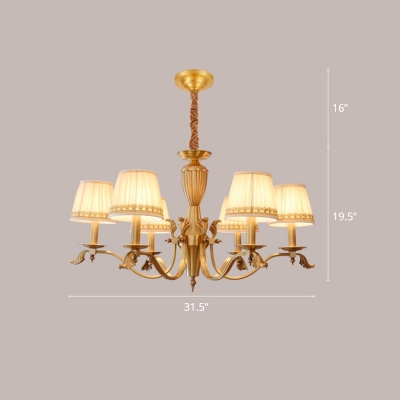 Gold Finish Chandelier Country Style Gathered Fabric Tapered Ceiling Light with Braided Trim