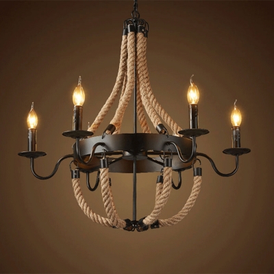 Industrial Candle Style Chandelier Light Iron Suspension Light with Rope Decoration in Black
