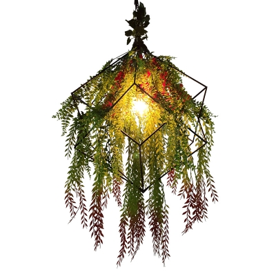 Iron Wire Cage Pendant Lighting Decorative 1-Bulb Hanging Light with Flower and Vine Decor