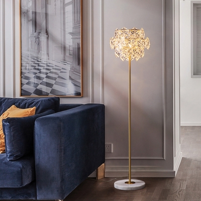 Layered Hexagonal Floor Lamp Postmodern Crystal 3-Light Gold Standing Light for Living Room