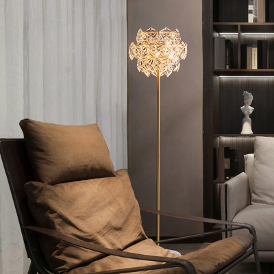 Layered Hexagonal Floor Lamp Postmodern Crystal 3-Light Gold Standing Light for Living Room