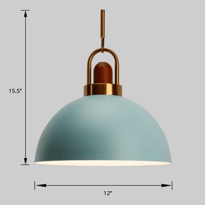 Metal Bowl Suspension Lighting Macaron Single-Bulb Ceiling Light with Brown Wood Deco