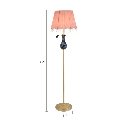 Pleated Fabric Pink Floor Light Tapered 1 Bulb Rustic Stand Up Lamp with Wavy Beaded Trim