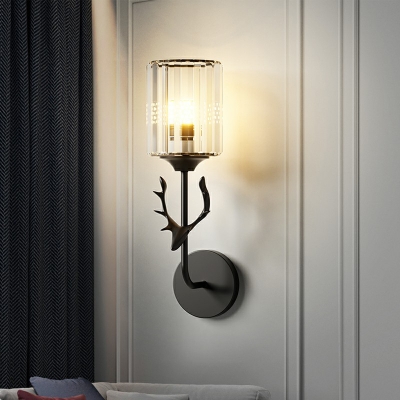 Prismatic Crystal Cylindrical Wall Lamp Minimalist Bedroom Sconce Light with Antler Decor