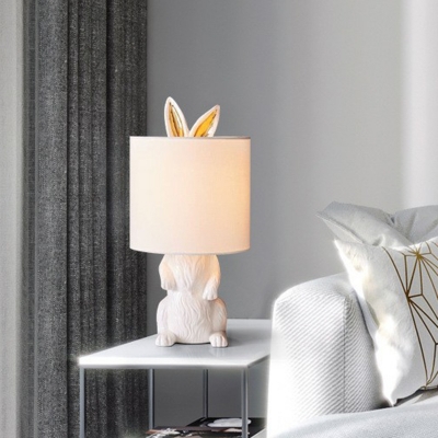Resin Rabbit Table Lamp Nordic 1-Light White Nightstand Light with Cylindrical Fabric Shade