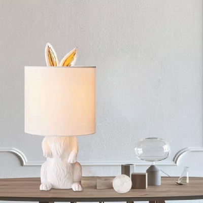 Resin Rabbit Table Lamp Nordic 1-Light White Nightstand Light with Cylindrical Fabric Shade