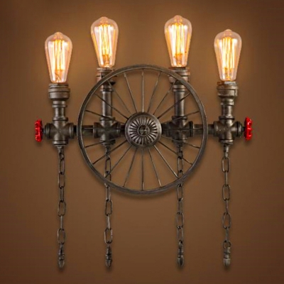Spoke Wheel Wall Sconce Lighting Industrial Metal Wall Lamp with Chain and Red Valve Decor