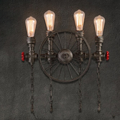 Spoke Wheel Wall Sconce Lighting Industrial Metal Wall Lamp with Chain and Red Valve Decor