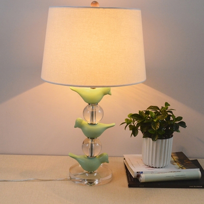 Tapered Drum Bedside Table Lighting Fabric 1-Light Modern Night Lamp with Bird Decoration in Green