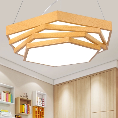 Tiered Hexagons LED Hanging Lamp Nordic Metal Office Ceiling Chandelier in Light Wood