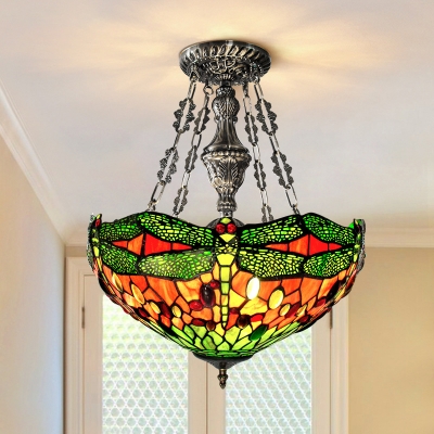 Tiffany Dragonfly Pendant Chandelier 3-Bulb Stained Art Glass Hanging Light with Jewels in Green