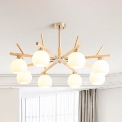 Wooden Branches Chandelier Nordic Style Suspension Light with Dome Milky Glass Shade