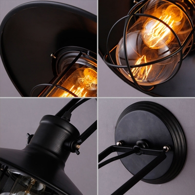 1 Bulb Saucer Adjustable Wall Lighting Industrial Black Metal Wall Lamp Fixture with Capsule Shaped Cage and Glass Shade