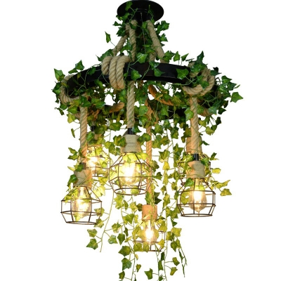 Ball Cage Restaurant Chandelier Industrial Iron 6-Light Hanging Light with Imitation Plant