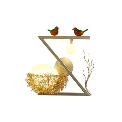 Bird Nest Living Room Sconce Lamp Metal 1 Head Artistic Wall Light with Egg Glass Shade in White