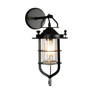 Clear Glass Capsule Wall Lamp Industrial 1 Head Aisle Wall Mounted Light with Cage in Black