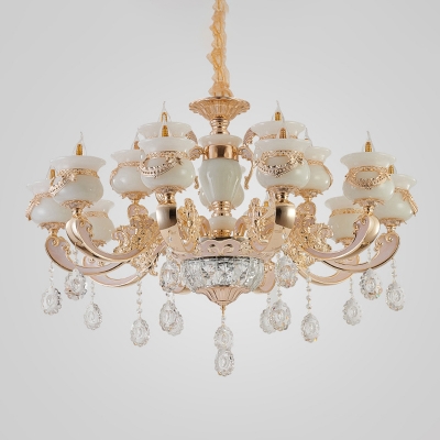 Faux Jade Vase Chandelier Traditional Living Room Hanging Light in White-Gold with Crystal Drops