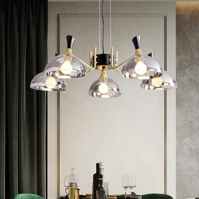 Glass Bowl Shade Chandelier Postmodern Black-Brass Hanging Ceiling Light for Dining Room