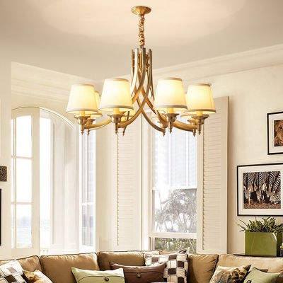 Gold Cone Chandelier Traditional Fabric Living Room Suspension Lighting with Curved Arm