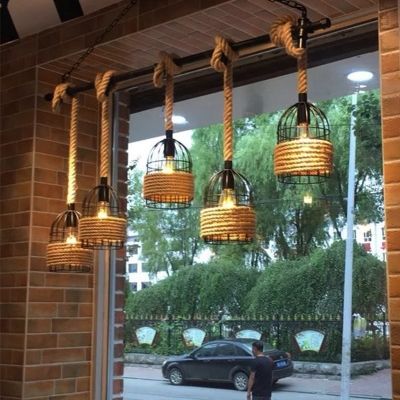 Iron Birdcage Island Light Fixture Rustic 5-Light Restaurant Pendant Lighting with Rope Decor
