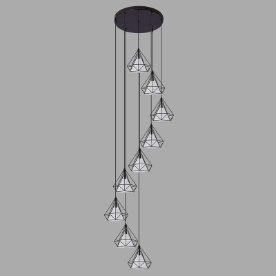 Iron Wire Diamond Multiple Lamp Pendant Nordic Style Suspension Light with Fabric Shade Inside for Stairway