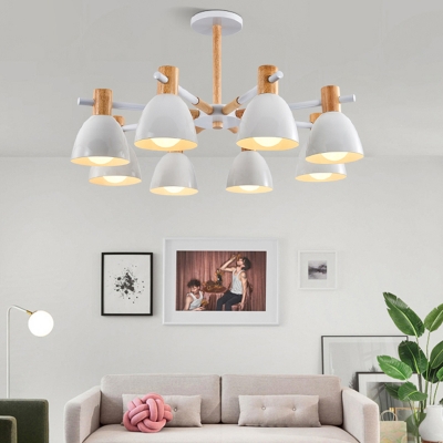 Living Room Chandelier Nordic White and Wood Hanging Light with Bell Metal Shade