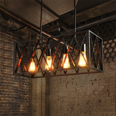 Rectangular Cage Restaurant Island Lamp Industrial Iron Black Finish Hanging Light Fixture