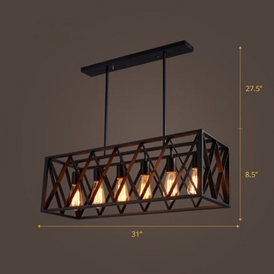 Rectangular Cage Restaurant Island Lamp Industrial Iron Black Finish Hanging Light Fixture