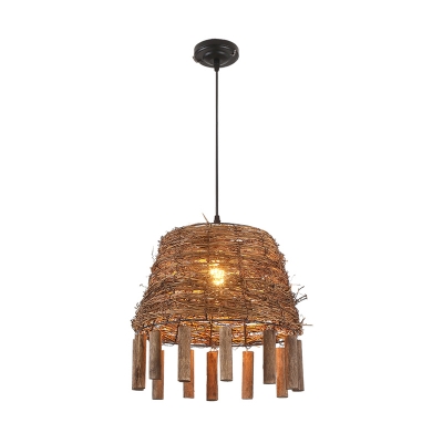 Rustic Tapered Pendant Lamp Rattan 1-Light Dining Room Suspension Lighting with Stick Fringe in Brown