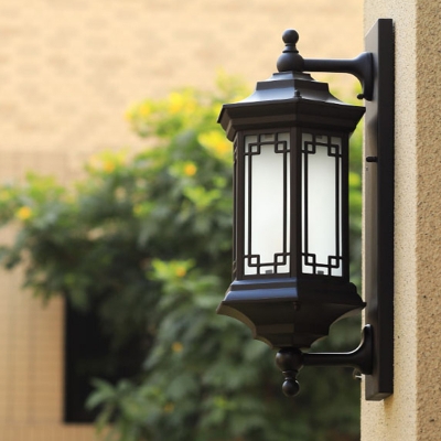 Traditional Hexagonal Wall Lighting 1 Head Frosted Glass Lantern Sconce in Black for Garden