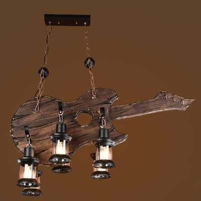 Wooden Guitar Shaped Pendant Light Loft Style 6-Bulb Living Room Chandelier with Lantern Shade