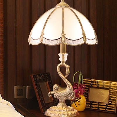 1-Bulb Swan Nightstand Light Traditional Brass Metal Table Lamp with Scalloped Opal Glass Shade