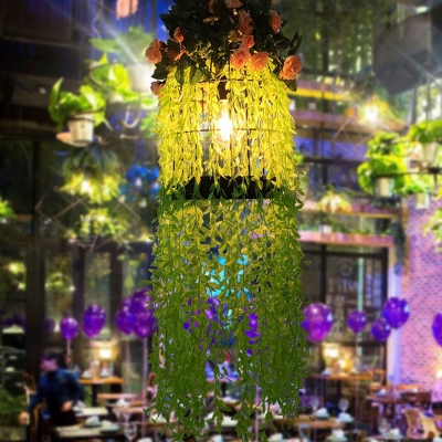 1-Light Cage Style Ceiling Pendant Light Art Deco Metal Suspension Lamp with Plant Decoration