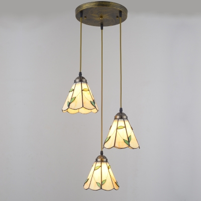 3-Light Conical Hanging Lamp Tiffany Beige Hand-Cut Glass Multi Pendant with Scalloped Edge