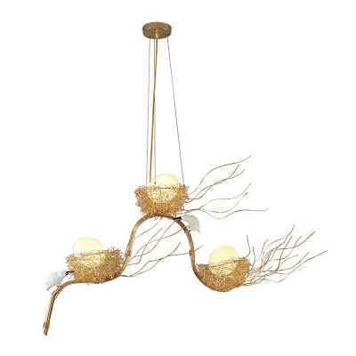 Aluminum Wire Nest Island Light Art Deco 3 Bulbs Beige Suspension Lamp with Egg White Glass Shade