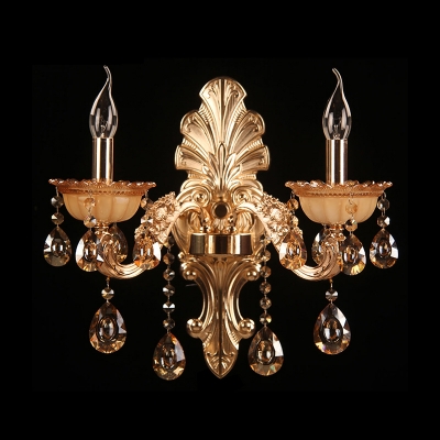 Amber Crystal Candle Wall Lighting Traditional 2-Head Bedroom Wall Sconce in Gold