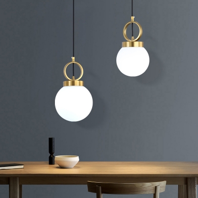 Ball Cream Glass Pendant Lamp Minimalist 1-Light Gold Hanging Ceiling Light with Ring Deco
