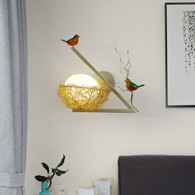 Bird Nest Living Room Sconce Lamp Metal 1 Head Artistic Wall Light with Egg Glass Shade in White