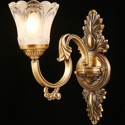Bronze 1-Bulb Wall Light Antique Style Frosted Glass Flower Wall Mounted Lamp for Bedroom