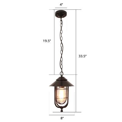 Capsule Outdoor Pendant Lighting Rustic Clear Glass 1 Head Black Hanging Lamp with Cage