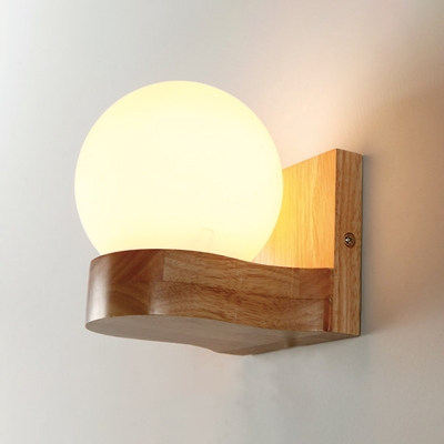 Cream Glass Ball Wall Lamp Simplicity 1 Head Wood Sconce Light Fixture for Corridor