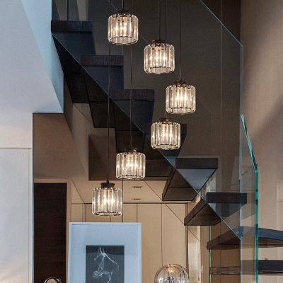 Cylindrical Multi Lamp Ceiling Light Minimalist Prismatic Crystal Stairs Pendant Light