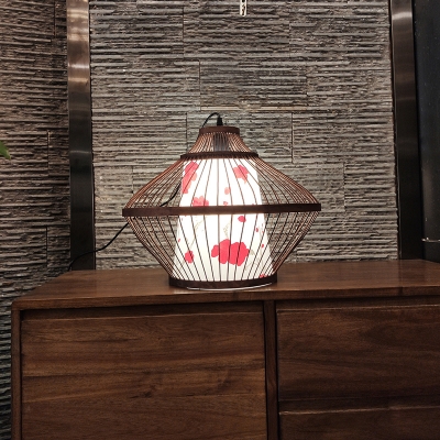 Drop-Like Bamboo Pendant Asia 1 Bulb Hanging Ceiling Light with Print Shade Inside